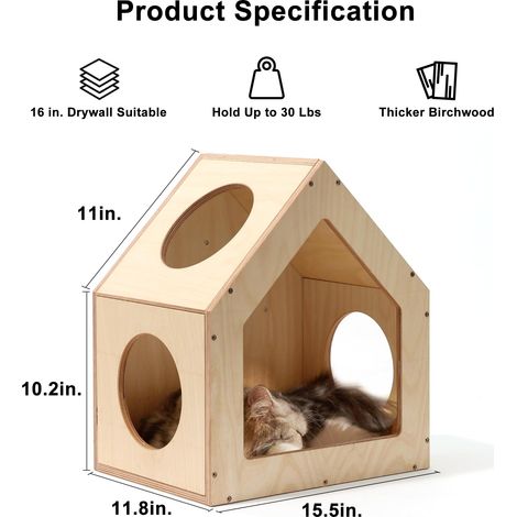 Maison murale pour chat en bois massif, niche décorative suspendue pour félin, refuge confortable et design pour animaux de compagnie (1/5)