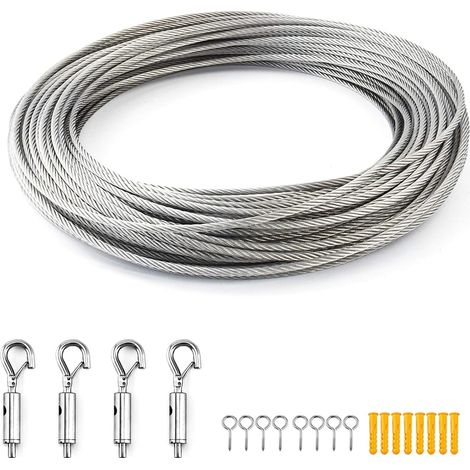 10M Câble en AcierInoxydable Kit Corde Cable AcierInoxydable 2mm PVC Revêtu pour Suspension Lumineuse Plante Grimpante Rideau Pergola Corde a linge (1/5)
