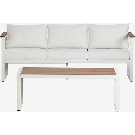 Salon de jardin avec canapé 3 places et table basse en aluminium et bois d'acacia 110x55cm Lipov SKLUM Blanc Gardenia