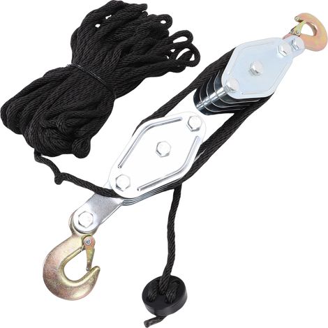Moufle palan robuste crochet en alliage zinc pivotant 270° corde haute résistance roulement antirouille forte charge levage chasse bricolage 4 roues 20m roue en nylon noir 661 lbs forme crochet (1/5)
