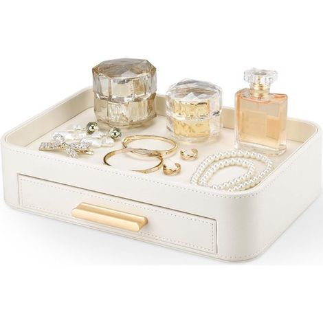 Caja de almacenamiento de escritorio de cuero color blanco roto con cajones para joyas y artículos de papelería. (1/5)