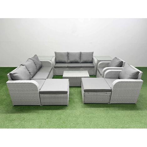 Fimous PE Rattan High Back Lounge Sofa Set Patio Coffee Table & Chairs Set with 3 Seater Sofa Reclining Chair 2 Big Footstool 2 Side Table Light Grey (1/4)