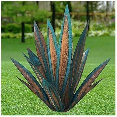 Decorazioni da giardino in metallo - Agave - Scultura rustica in metallo 27 cm 9 foglie (arancione blu) (1/3)
