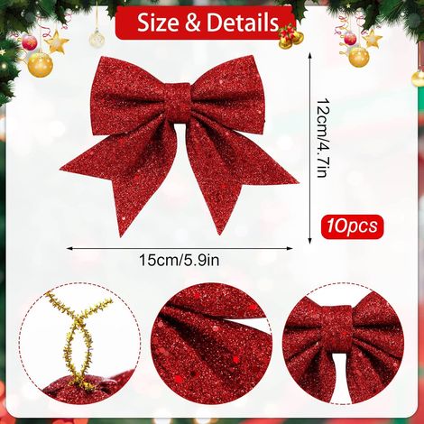 She 10 Stück Rote Schleifen Weihnachten Glitzer Weihnachtsbaum Schleifen Weihnachtsbaumschmuck für Familienfeiern Party Dekoration für Weihnachten Urlaub Hochzeit Feierlichkeiten