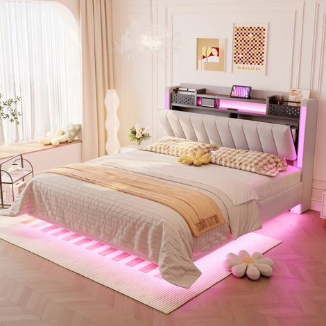 Lit 140x200 cm - Lit double rembourré 140x200 avec LED, USB, tête de lit de rangement et effet suspendu - en lin beige (1/5)