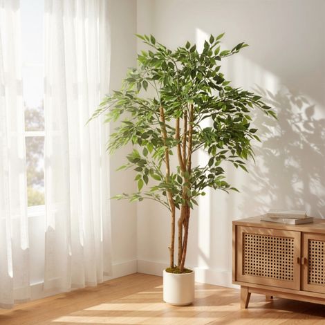 Ficus artificiel 65 x 65 x 150 cm vert avec tronc en bois massif livré en pot, arbre décoratif ajustable pour salon, chambre et bureau (1/5)