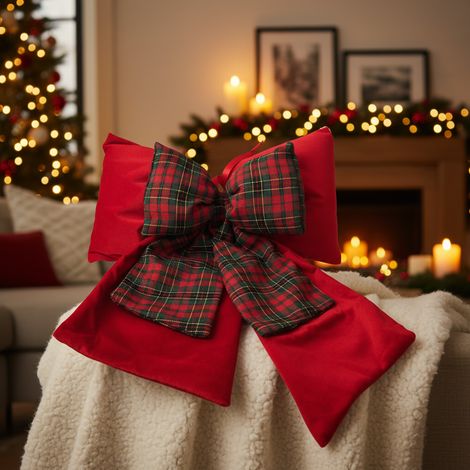 Fiocco doppio natalizio in tessuto colore rocco e tartan per decorazioni natalizie -36 x 41 cm (1/4)