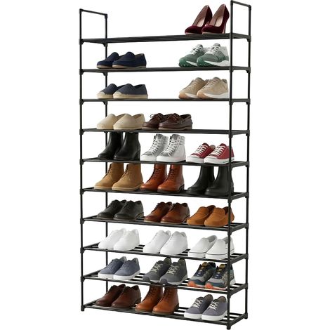 Relaxdays zapatero, 10 niveles, montaje sin herramientas, 174x94x30 cm, metálico, compacto, negro