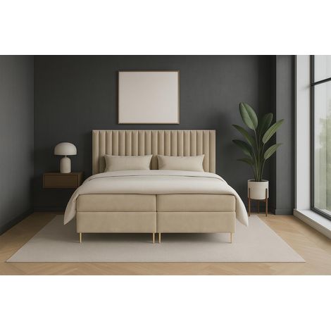 Sofello Boxspringbett JILL 160 x 200cm mit Bettkasten TOPPER 5cm Gratis Beige Velour hohe goldene Beine (1/5)
