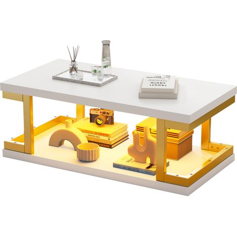 CHICFURN Table basse rectangulaire blanche et dorée avec LED, plateau MDF, structure métal doré, 100 x 50 x 37,5 cm, style moderne pour salon et séjour (1/5)