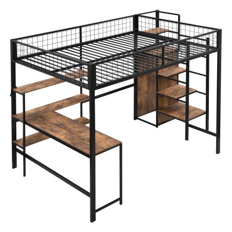 Hochbett, Eisenbett, Ablageleiter, mehrere Regale, Ohne Matratze, Einbauschrank, Schreibtisch