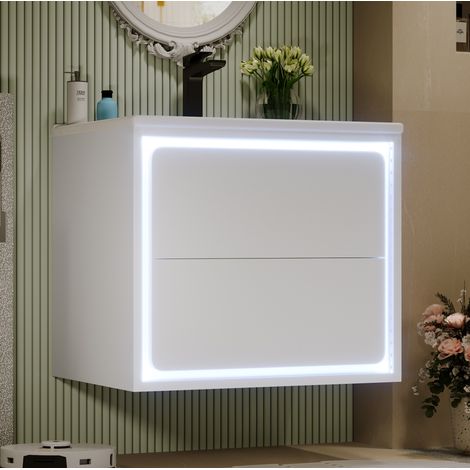 Waschtischunterschrank wandhängend 60 x 46 x 50 cm mit LED-Radarsensor, 2 Schubladen, weiß HAVRYA (1/5)