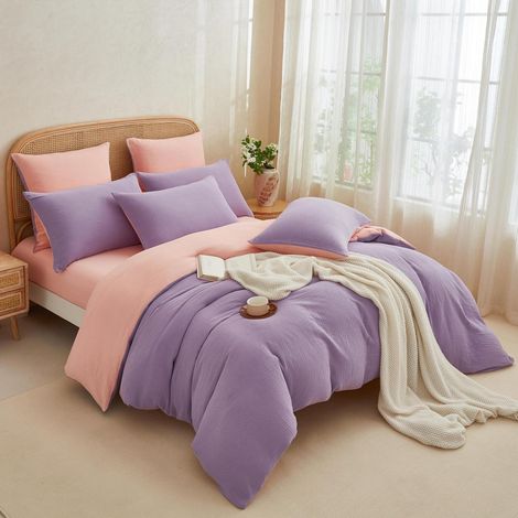 Doppel-Musselin Bettwäsche 155x220 cm Lila Rosa 100% Baumwolle 3-teilig