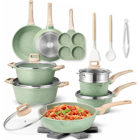 Batteria Pentole e Padelle 21 Pezzi Verde in Alluminio Pressofuso Antiaderente
