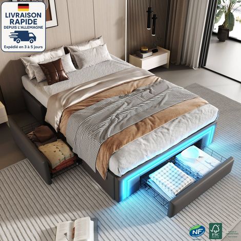 Letto contenitore 90x200 cm - struttura letto - Letto matrimoniale con cassetti, letto in similpelle PU con strisce luminose a LED, stile camera da letto moderno - grigio (1/5)