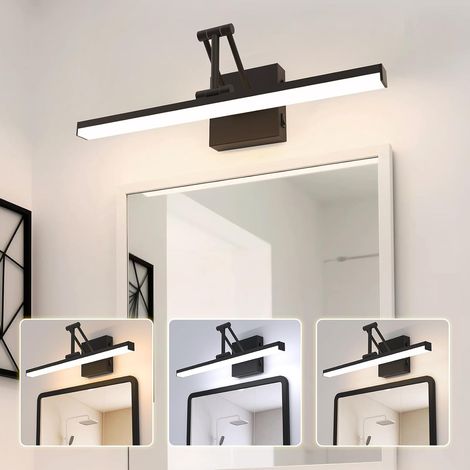 Led Applique Salle De Bain Miroir 12W 3000K 4500K 6000K, Noir Lampe Pour Miroir De Salle De Bain Avec Interrupteur Support Télescopique Pliable, Aluminium Éclairage Pour Tableau Chevet Murale (1/5)
