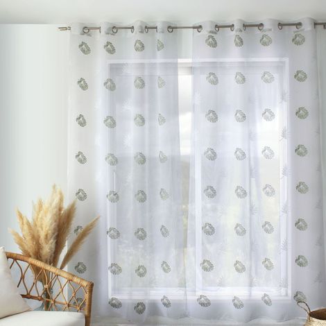 Rideau Voilage Brodé "Épicéa" 140x240cm Vert Olive & Blanc