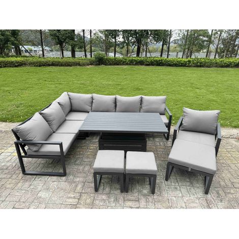 Fimous Aluminium Adjustable Rising Lifting Dining Table Sofa Set 10 Seat Aluminium Garden Furniture Sets with 3 Footstools Chair Dark Grey (1/5)