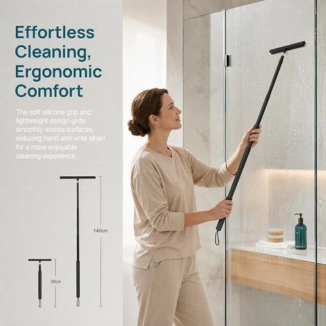 Shower Squeegee 30-140 cm Bathroom Squeegee with 2 Brackets Black Silicone Telescopic Window Squeegee for Bathroom, Glass, Tiles, Kitchen, Mirrors (1/4)