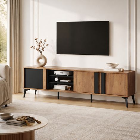 Mobile TV 180x40x50 cm in legno marrone, con vano contenitore, per soggiorno moderno FloraGrace (1/5)