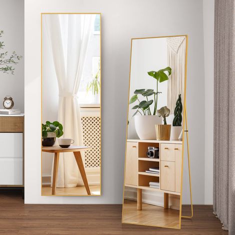 Specchio da terra 164x54 cm, specchio a figura intera con cornice in alluminio, design moderno e minimalista, da appoggiare o appendere, ideale per camera da letto, soggiorno - Dorato