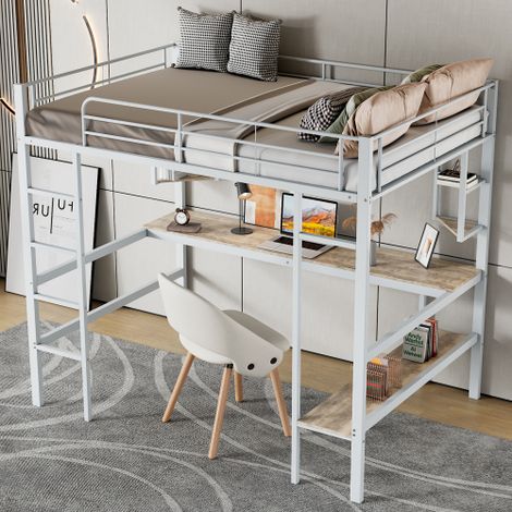 Litera alta 90x200 cm, cama individual con mesa, estanterías y librería, en metal, blanco, sin colchón (1/5)