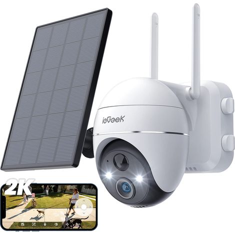 ieGeek 2K Überwachungskamera Aussen Akku, Solar WLAN Outdoor mit 355°/140° Pan Tilt, 20m Farbnachtsicht, PIR Bewegungsmelder, Sirene/Weißlichtalarm,4dbi Doppelantenne,IP65 (1/5)