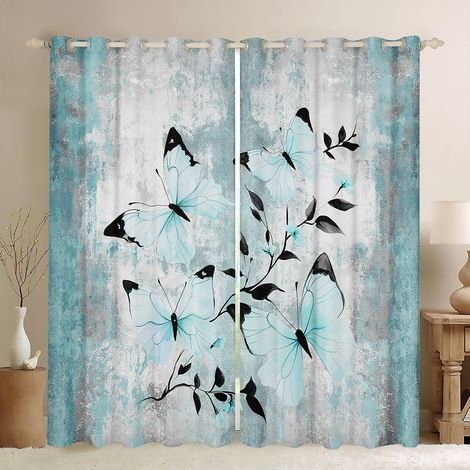 Rideau Occultant 140x260 cm Papillon Aquarelle, Rideau Peinture À l'huile Abstraite, Rideaux Voilage Papillons Ferme Rustique, Voilage Fenetre Ombre Turquoise Gris Blanc pour Chambre Salon - 140L X 26 (1/5)