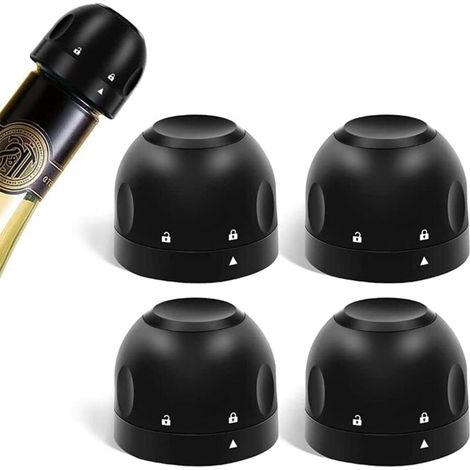 4 Pack Champagne Bottle Stoppers, Silicone Rotating Wine Bottle Stoppers, Leakproof Plastic Stoppers for Wine, Champagne, Still Wine and Kitchen Use (Black). -R (1/5)