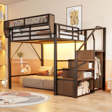 Lit mezzanine adulte en métal 140x200 cm lit enfant 2 places avec LED, échelle de sécurité et rangement flexible, noir (1/5)