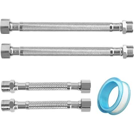 Pair 4 tuyaux flexibles de 3/8\", en acier inoxydable 304, rallonges de tuyau flexible pour robinets de salle de bain et de toilettes (10 cm/20 cm) (1/5)