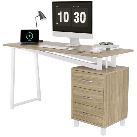 Bureau d'écriture à plateau couleur chêne avec caisson à 3 tiroirs dimensions 130×55×75cm pieds métalliques blanc pour bureau et chambre domestique (1/5)