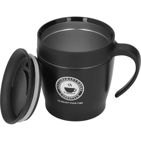 Mug isotherme portable en acier inoxydable de 330 ml avec anse, pour eau chaude, idéal pour le bureau, noir. (1/5)