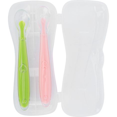 2er-Set Silikonlöffel mit weicher Spitze für Babys ab 4 Monaten mit Box (Grün und Rosa) (1/5)