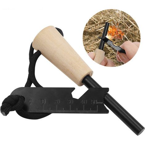 Allume Feu Survie,Pierre à feu Kit 7 en 1,avec Manche en Bois fabriqué à la Main,Grattoir Multi-Outils,20,000 Gerbes d'étincelles