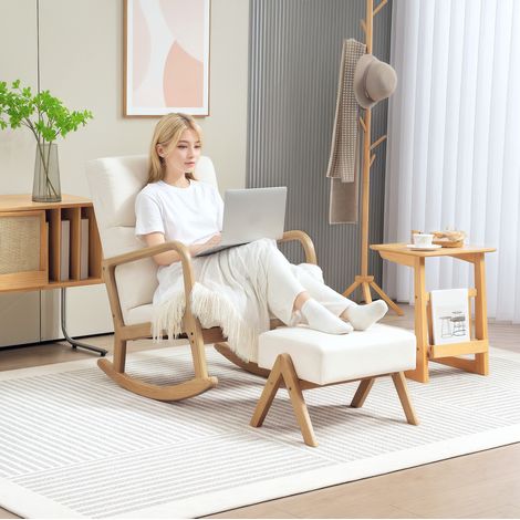 Poltrona a dondolo 65x96x94.5 cm bianco crema in poliestere con poggiapiedi e oscillazione 35° (1/5)