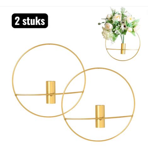 Lot de 2 - Décoration - Panneaux muraux - 25 cm - Décoration murale en fer - Paravent mural en forme de losange ou de cercle avec porte-vase, style industriel pour salon ou chambre - Or (1/5)