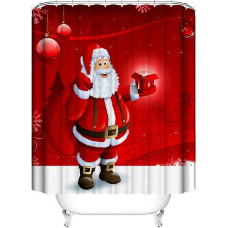 Ensemble rideau de douche et tapis de sol avec motif Père Noël et bonhomme de neige imprimé numérique, imperméable, en polyester. Ensemble de quatre pièces. (1/5)