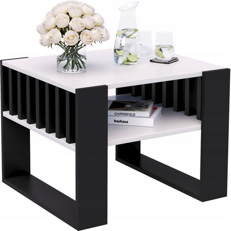 Mesa de centro con listones 55x55 blanco/negro estilo loft (1/5)