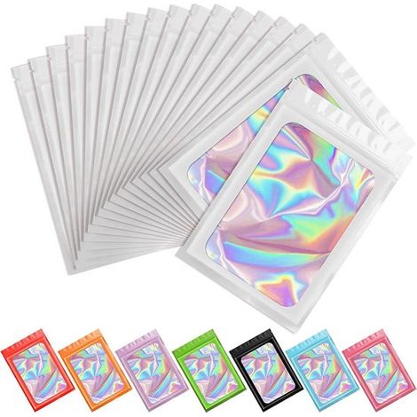 100 bolsas de mylar holográficas prueba olores, bolsas aluminio cierre hermético almacenamiento alimentos empaques brillo labial, Blanco, 6x10cm (1/5)