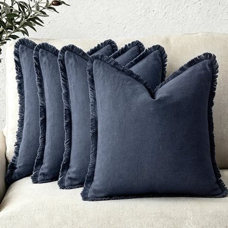 Juego de 4 fundas decorativas de lino para cojines con flecos. Fundas acogedoras de estilo bohemio con borla，color verde militar，45 x 45 cm，verde (1/5)