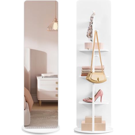 Miroir sur Pied, Miroir à Poser au Sol, Rotatif à 360°, 163 x 45 cm, avec Socle, Étagères et Crochets, Verre Trempé, pour Chambre, Salon, Blanc Nuage (1/5)