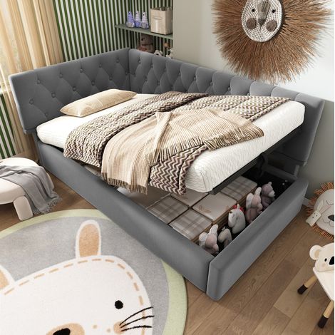 Cama tapizada 90/200 cm gris de terciopelo con almacenaje hidráulico (1/5)