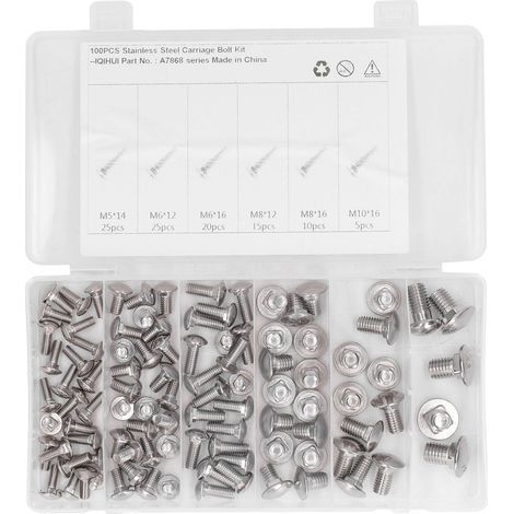 Square Neck Pan Head Screws and Round Nuts for Bodywork, 100 Pieces in 304 Stainless Steel - 6 Specifications (1/5)