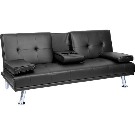 3er-Sofa HHG-179, Couch Schlafsofa Gästebett, Tassenhalter verstellbar 97x166cm Kunstleder, schwarz (1/5)