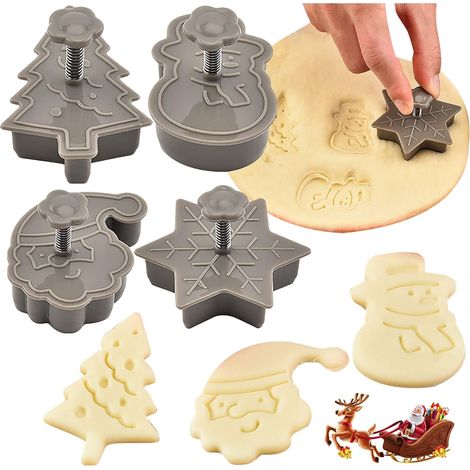 4 Stück Weihnachts-Ausstechformen, vielseitiges Keksausstecher-Set zum Backen von Plätzchen & Gebäck-Stempeln (Grau) (1/5)