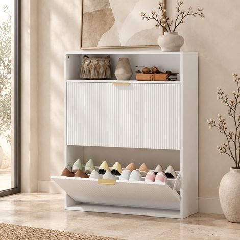 Zapatero 80/24/102,5 cm blanco con 2 compartimentos abatibles y estante superior (1/5)