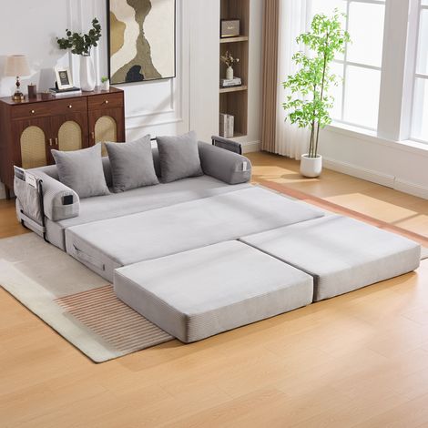 Modulares Sofa aus Cord in Hellgrau mit Hocker, Metallgestell, 200x190x67 cm, frei kombinierbar (1/5)