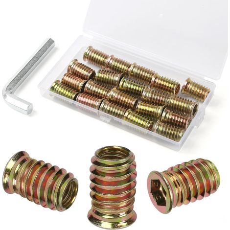Insert Fileté Bois M10 x 25mm, 20 Pièces Douille Filetée Visser Inserts Écrous à Zinc, Insert D'écrou Borgne Metal Ecrou Hexagonal, Intérieur Manchons a Visse Vis Tête, pour Meubles en Bois (1/5)