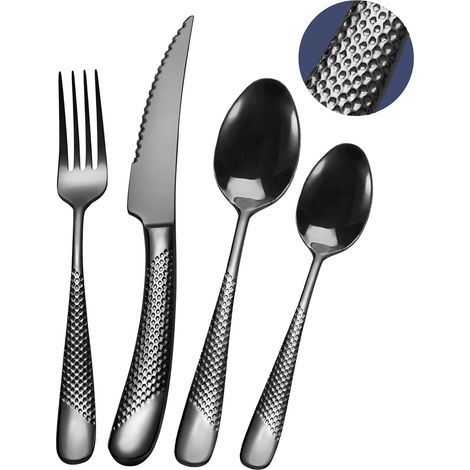 Ensemble de couverts modernes 24 pièces, Noir martelé Couteaux dentelés 2-en-1 ultra-tranchants, Service en acier inoxydable 18/10 Set pour 6 personnes, Couteaux, fourchettes, Cuillères